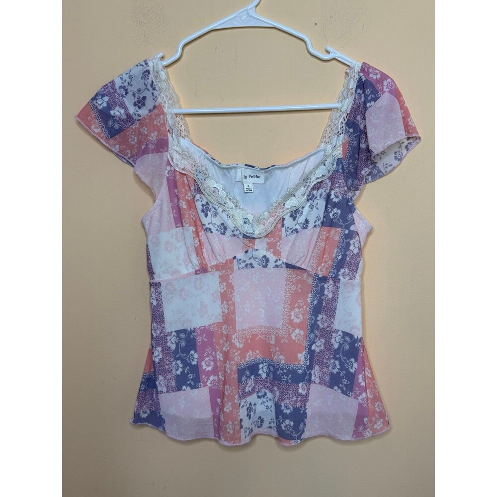 La Pêche floral patchwork lace-trim flutter sleeve top size small cottagecore